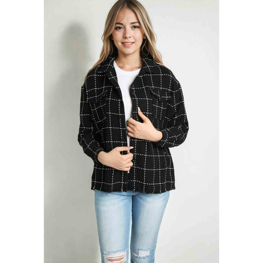 Plaid Raw Hem Jacket with Pockets Black / S