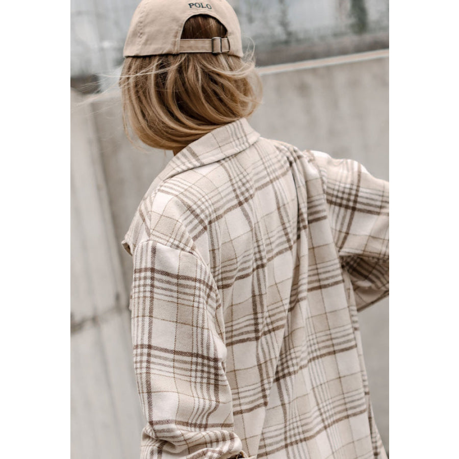 Plaid Removable Hood Button Up Shacket Apparel and Accessories