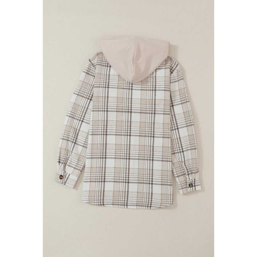 Plaid Removable Hood Button Up Shacket Apparel and Accessories