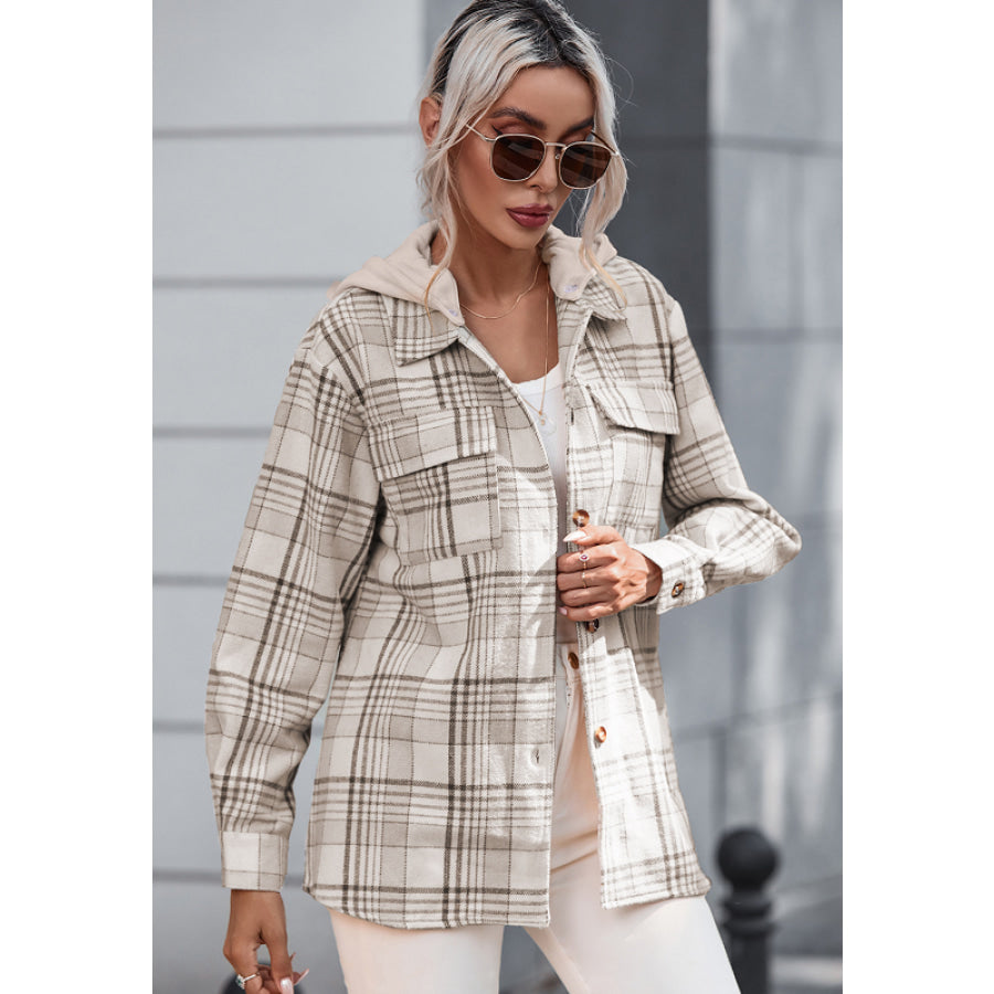 Plaid Removable Hood Button Up Shacket Apparel and Accessories