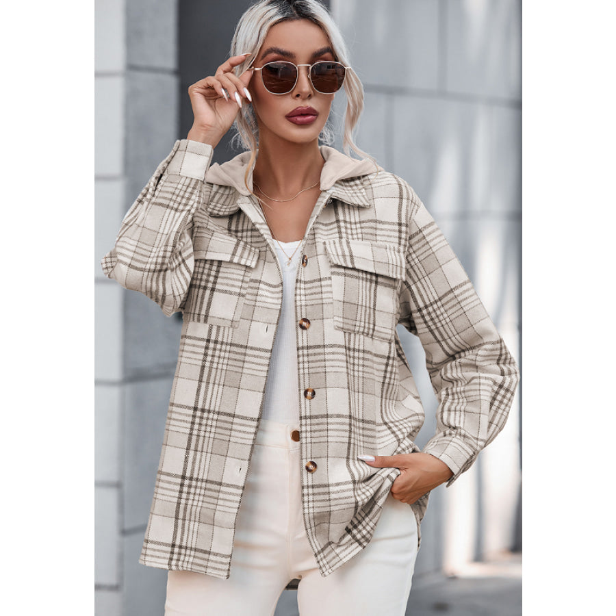 Plaid Removable Hood Button Up Shacket Apparel and Accessories