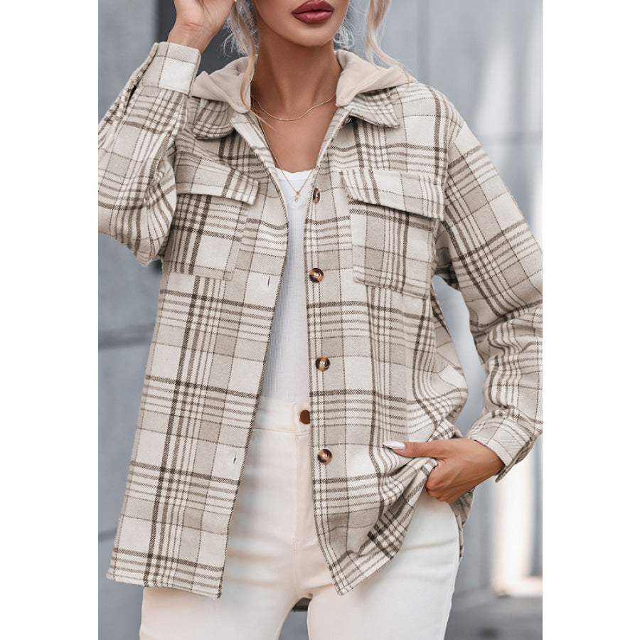 Plaid Removable Hood Button Up Shacket Apparel and Accessories