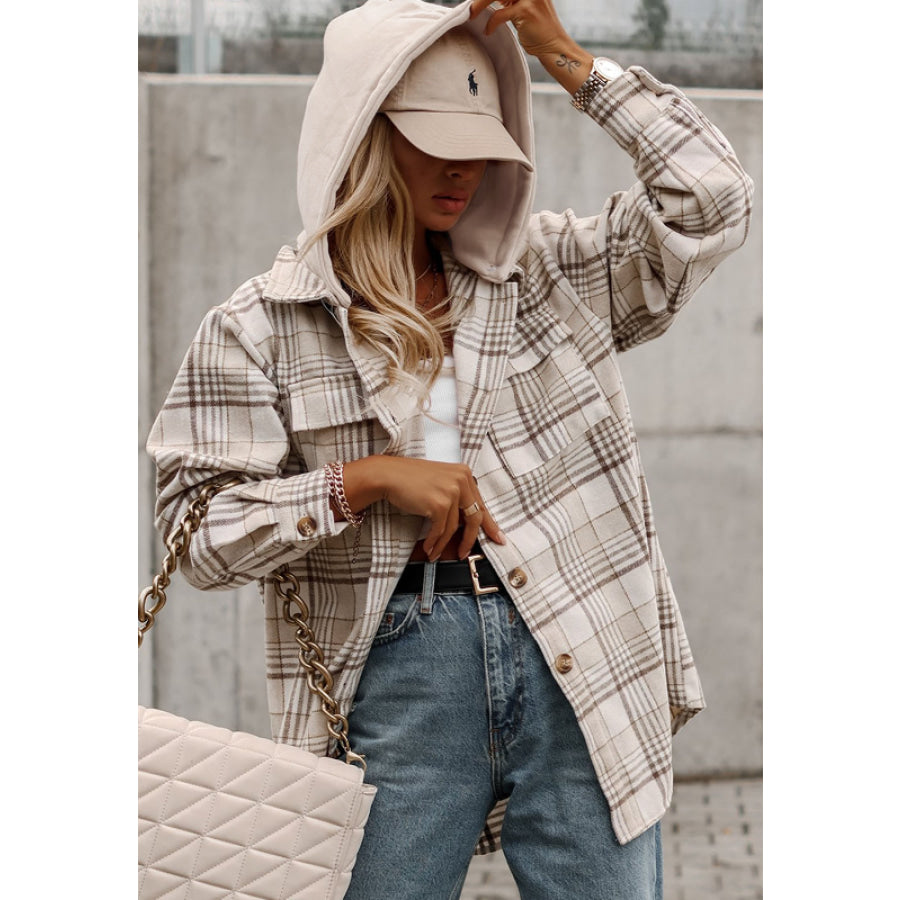 Plaid Removable Hood Button Up Shacket Apparel and Accessories