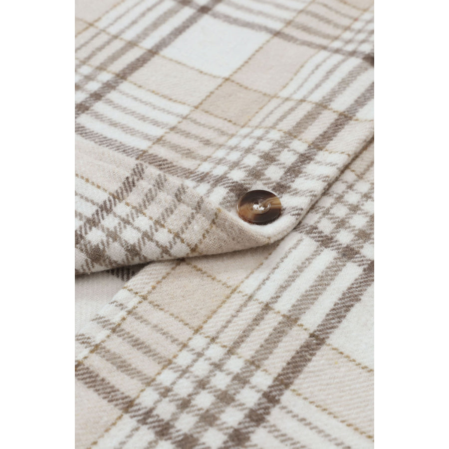 Plaid Removable Hood Button Up Shacket Apparel and Accessories