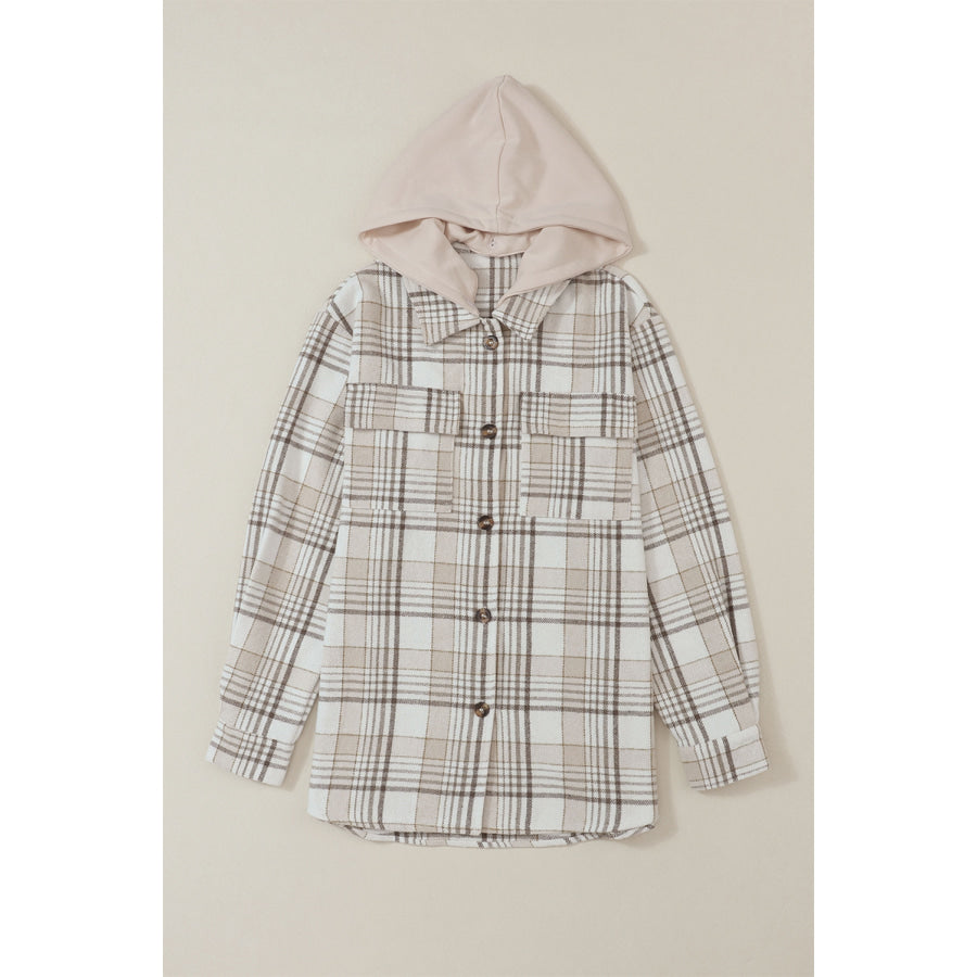 Plaid Removable Hood Button Up Shacket Apparel and Accessories