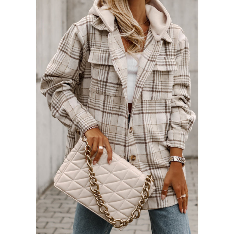 Plaid Removable Hood Button Up Shacket Plaid / S Apparel and Accessories