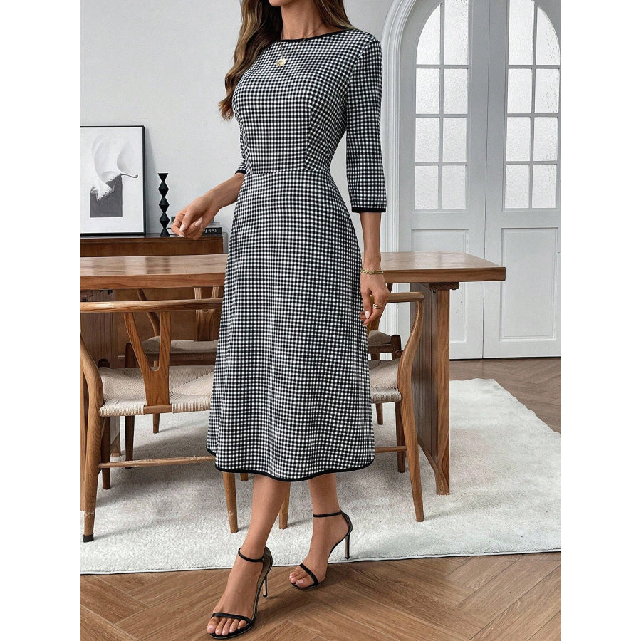 Plaid Round Neck 3/4 Sleeve Dress Apparel and Accessories