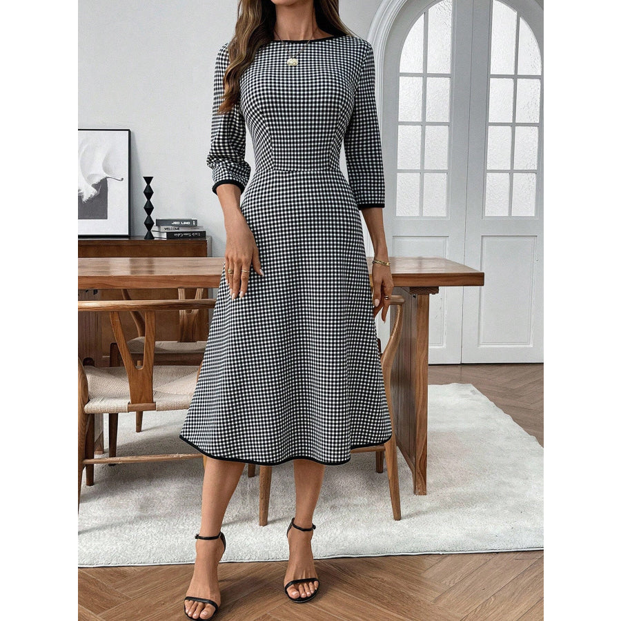 Plaid Round Neck 3/4 Sleeve Dress Apparel and Accessories
