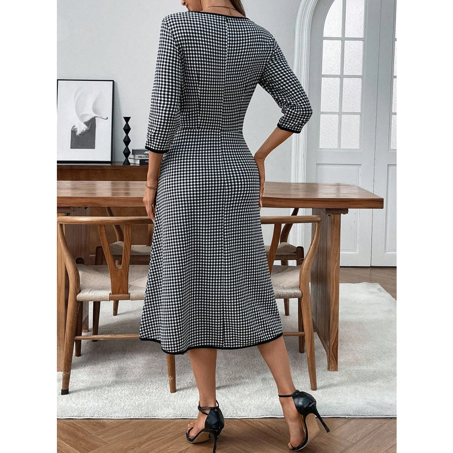 Plaid Round Neck 3/4 Sleeve Dress Apparel and Accessories