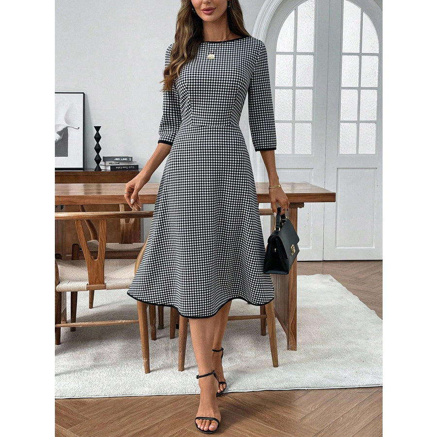 Plaid Round Neck 3/4 Sleeve Dress Apparel and Accessories