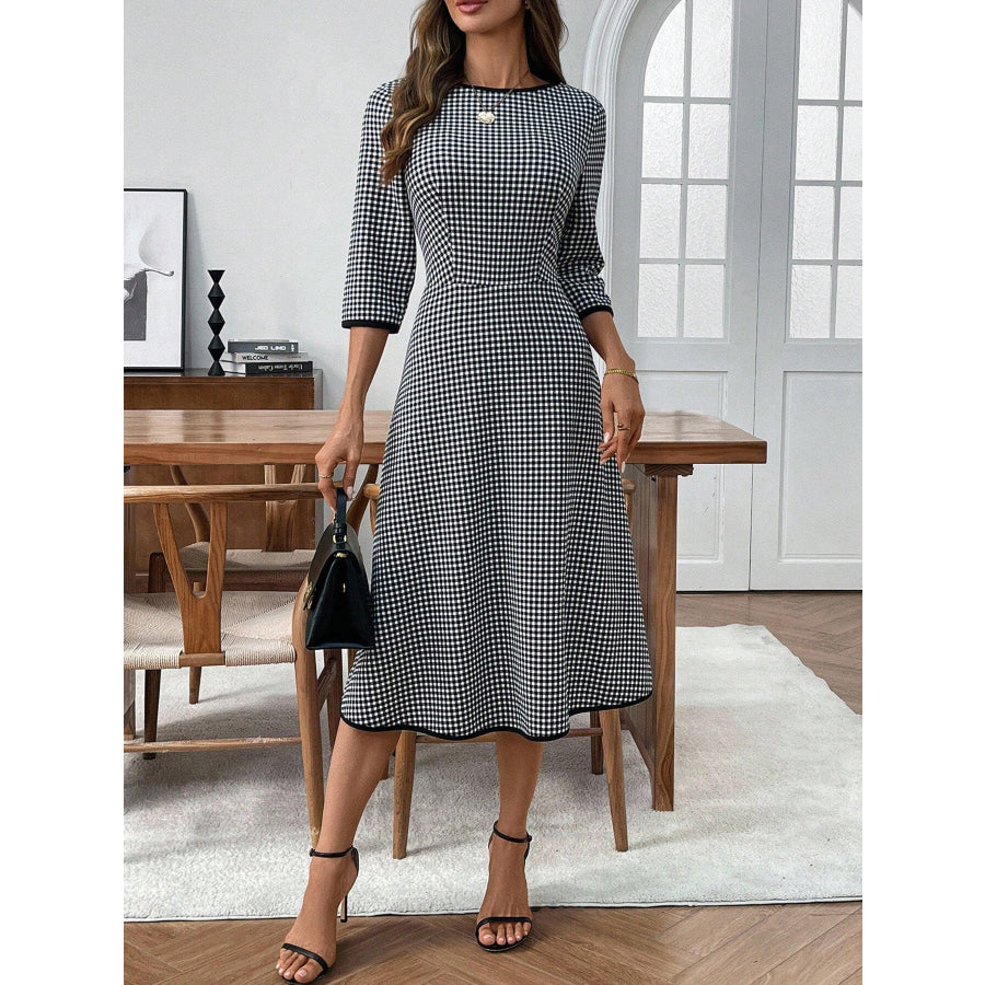 Plaid Round Neck 3/4 Sleeve Dress Black / S Apparel and Accessories