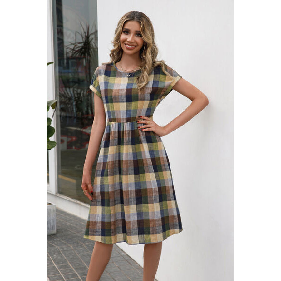 Plaid Round Neck Cap Sleeve Dress Apparel and Accessories