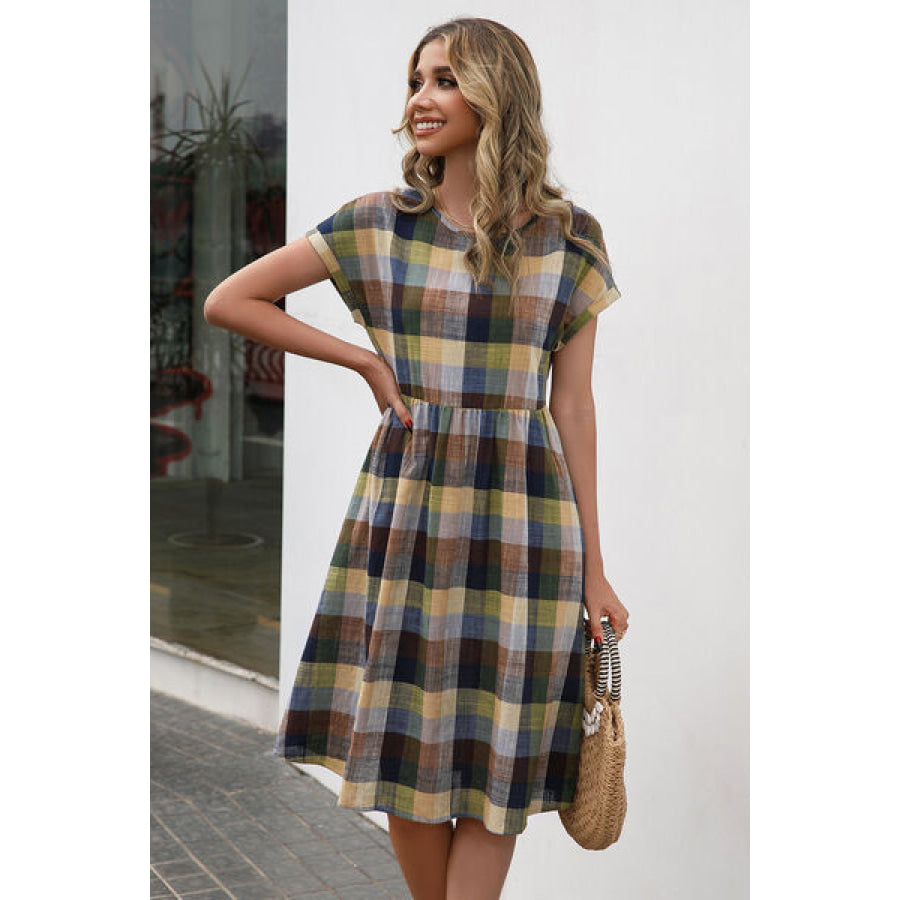 Plaid Round Neck Cap Sleeve Dress Apparel and Accessories