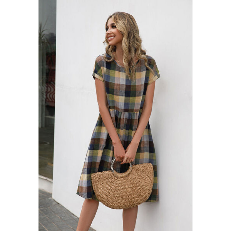 Plaid Round Neck Cap Sleeve Dress Apparel and Accessories