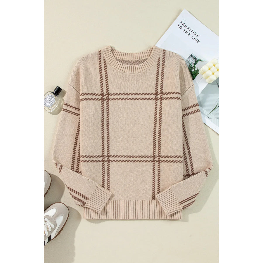 Plaid Round Neck Dropped Shoulder Sweater Apparel and Accessories