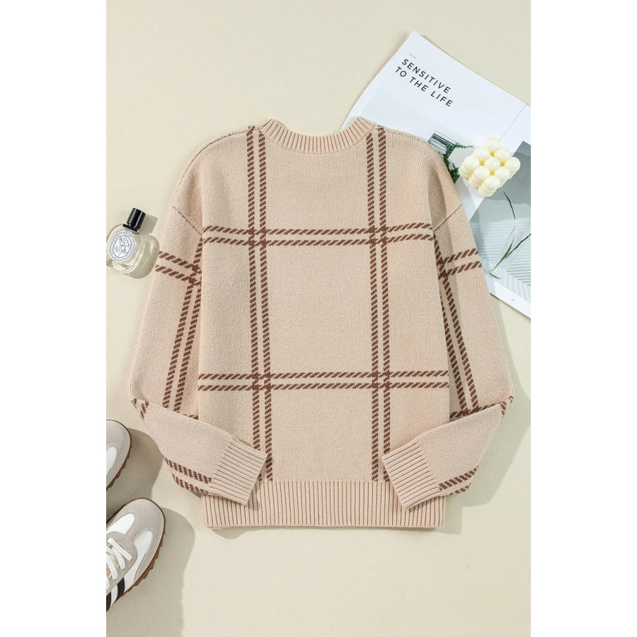 Plaid Round Neck Dropped Shoulder Sweater Apparel and Accessories