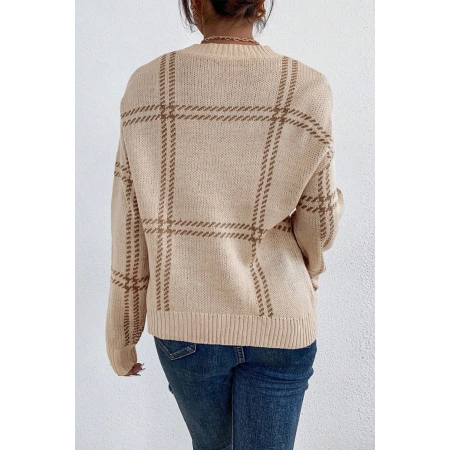 Plaid Round Neck Dropped Shoulder Sweater Apparel and Accessories