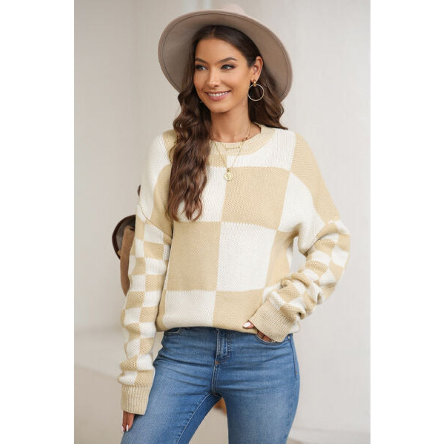 Plaid Round Neck Dropped Shoulder Sweater Clothing