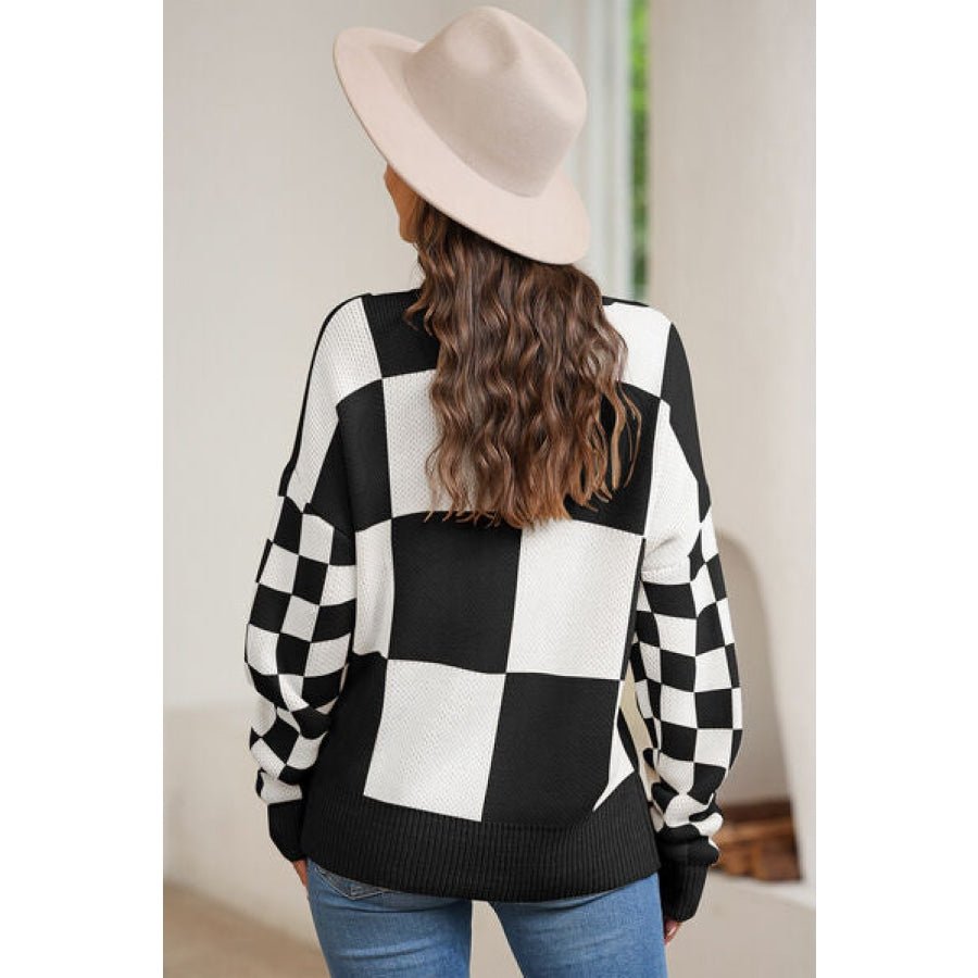 Plaid Round Neck Dropped Shoulder Sweater Clothing