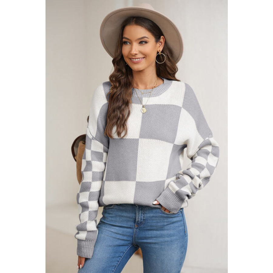 Plaid Round Neck Dropped Shoulder Sweater Clothing