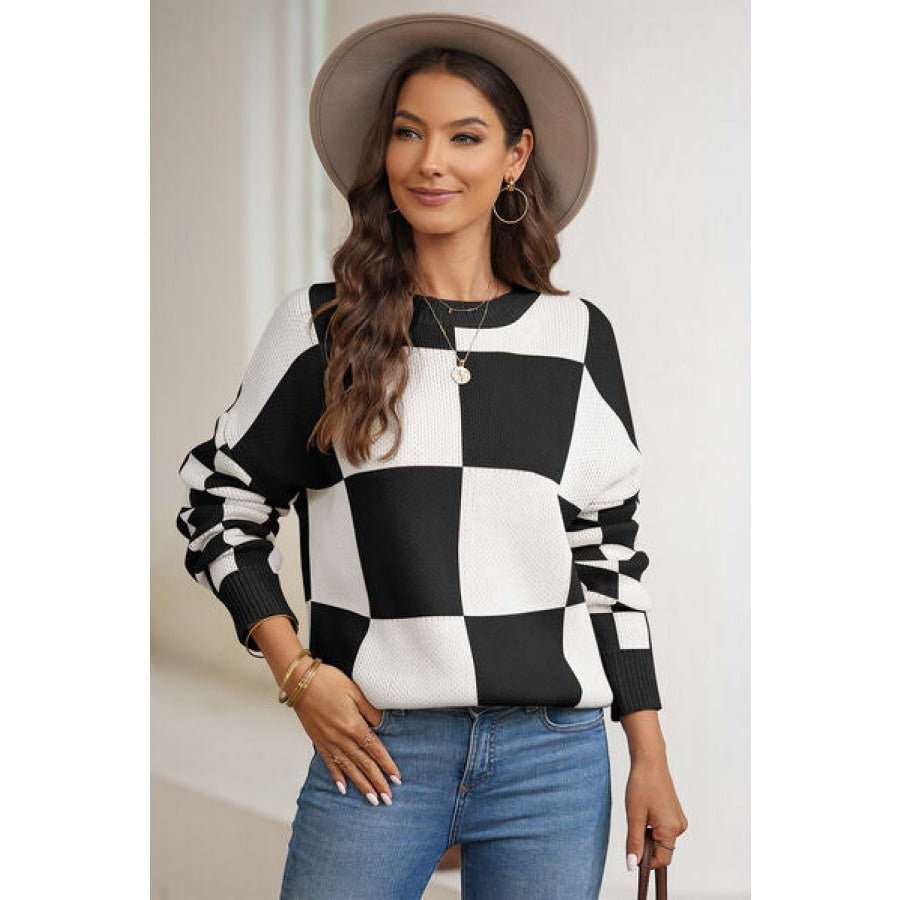 Plaid Round Neck Dropped Shoulder Sweater Clothing