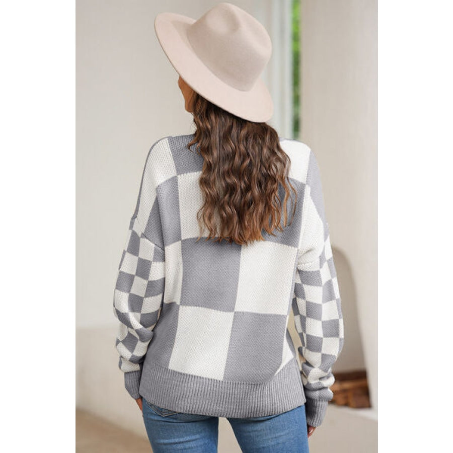 Plaid Round Neck Dropped Shoulder Sweater Clothing