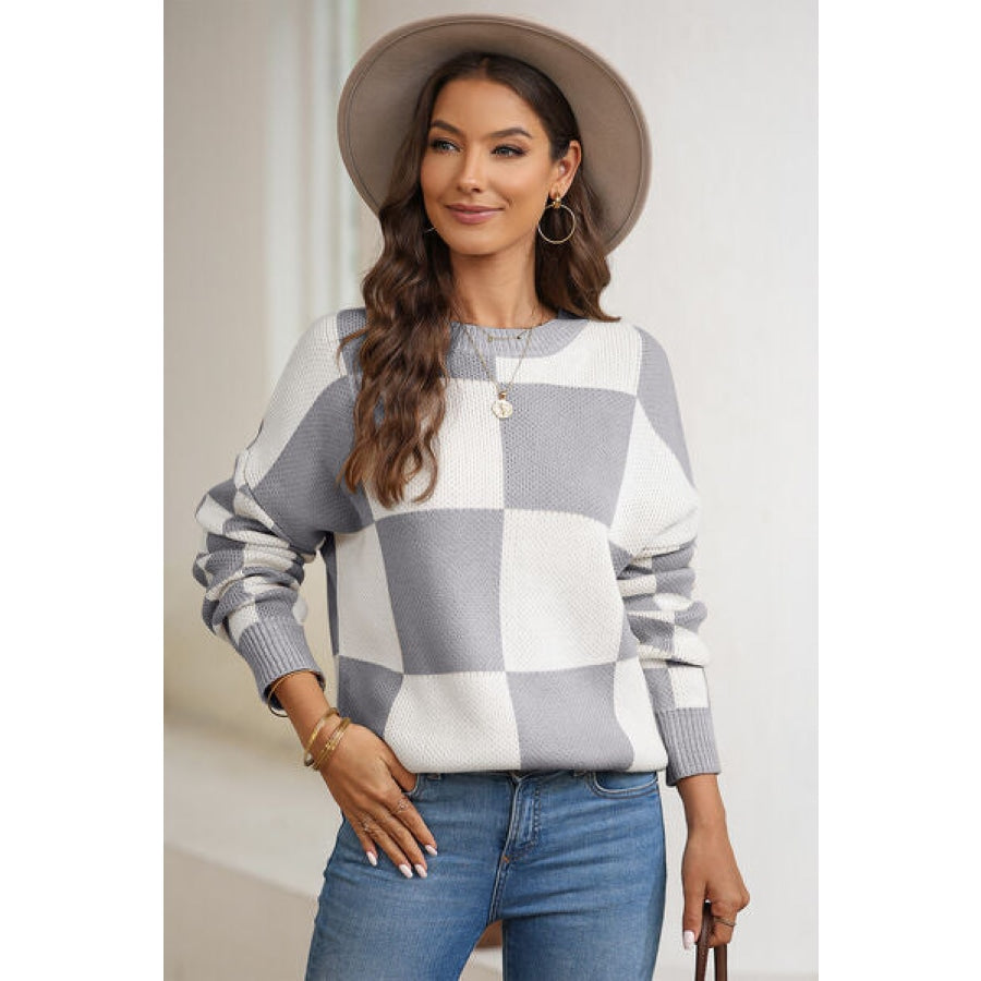 Plaid Round Neck Dropped Shoulder Sweater Clothing