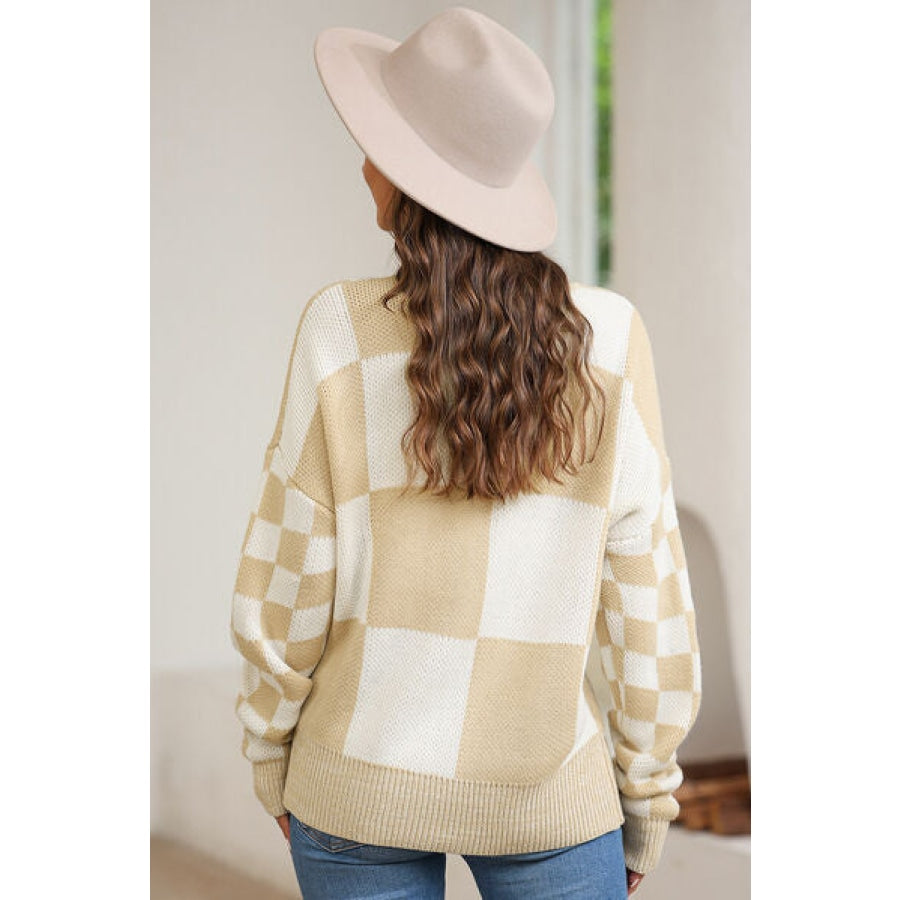 Plaid Round Neck Dropped Shoulder Sweater Clothing