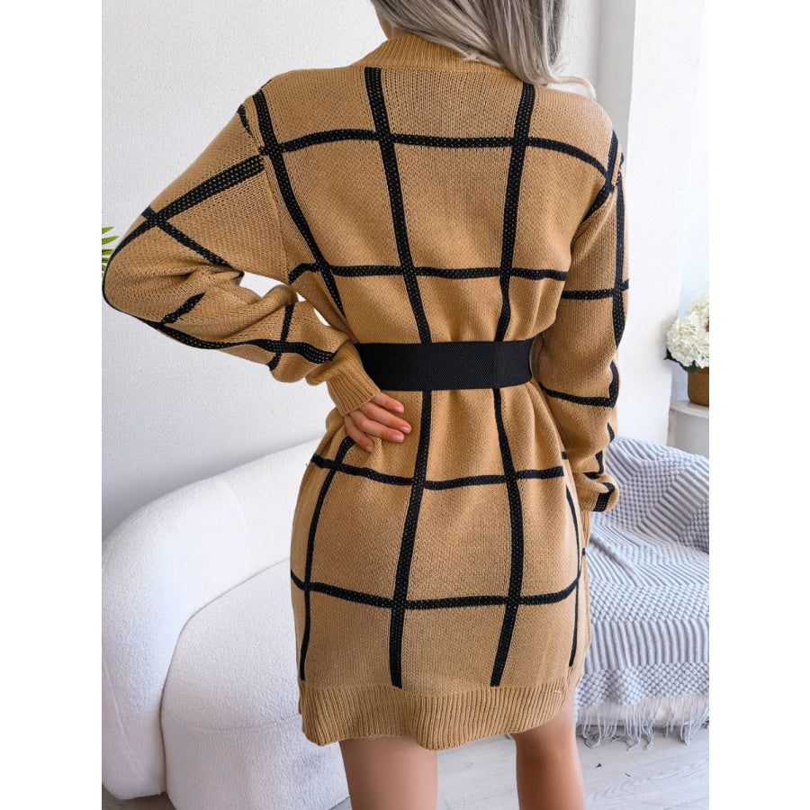 Plaid Round Neck Dropped Shoulder Sweater Dress Apparel and Accessories