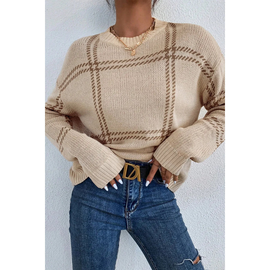 Plaid Round Neck Dropped Shoulder Sweater Tan / S Apparel and Accessories