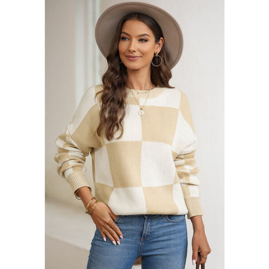 Plaid Round Neck Dropped Shoulder Sweater Tan / S Clothing