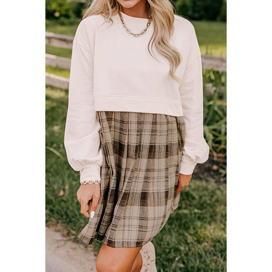 Plaid Round Neck Long Sleeve Mini Dress Apparel and Accessories