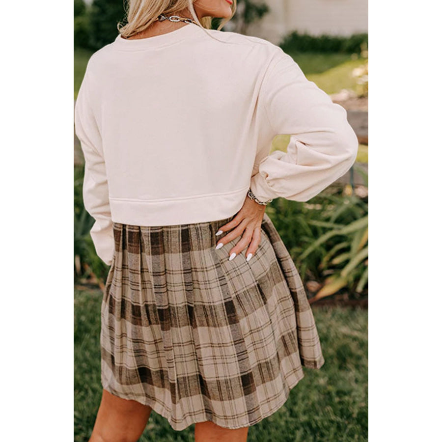 Plaid Round Neck Long Sleeve Mini Dress Apparel and Accessories