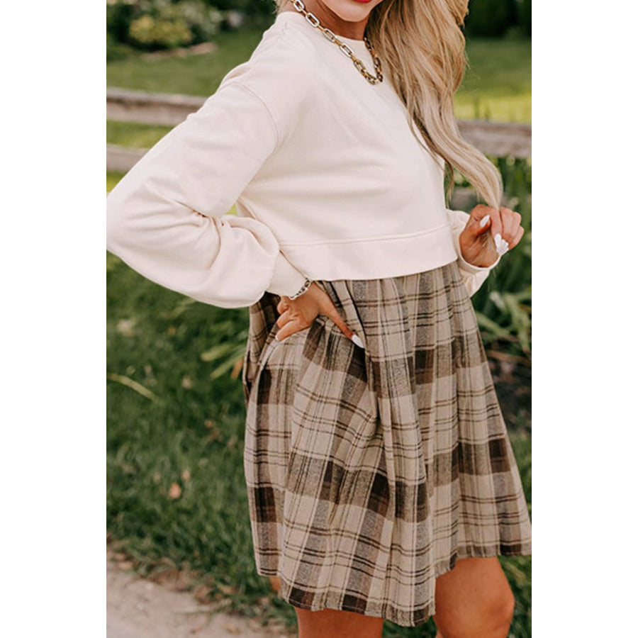 Plaid Round Neck Long Sleeve Mini Dress Apparel and Accessories