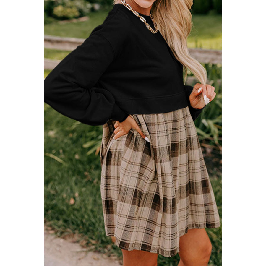 Plaid Round Neck Long Sleeve Mini Dress Apparel and Accessories