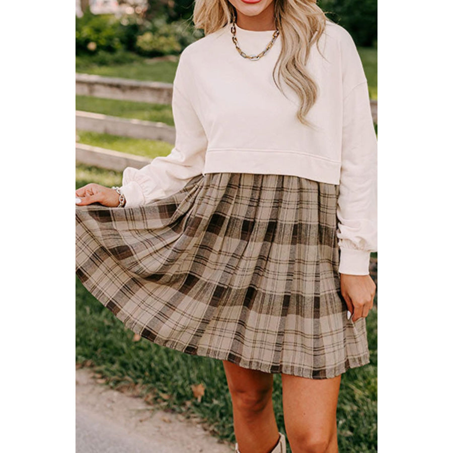 Plaid Round Neck Long Sleeve Mini Dress Apparel and Accessories