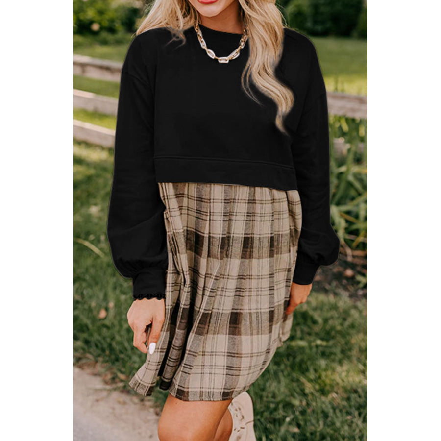 Plaid Round Neck Long Sleeve Mini Dress Apparel and Accessories