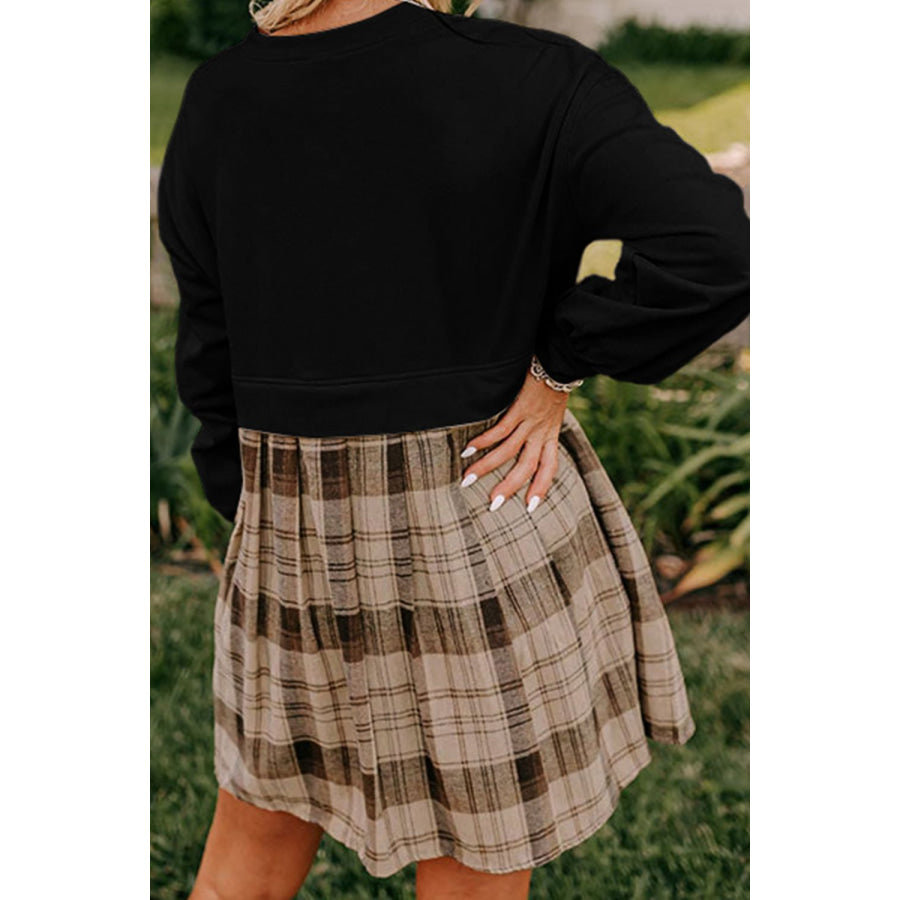 Plaid Round Neck Long Sleeve Mini Dress Apparel and Accessories