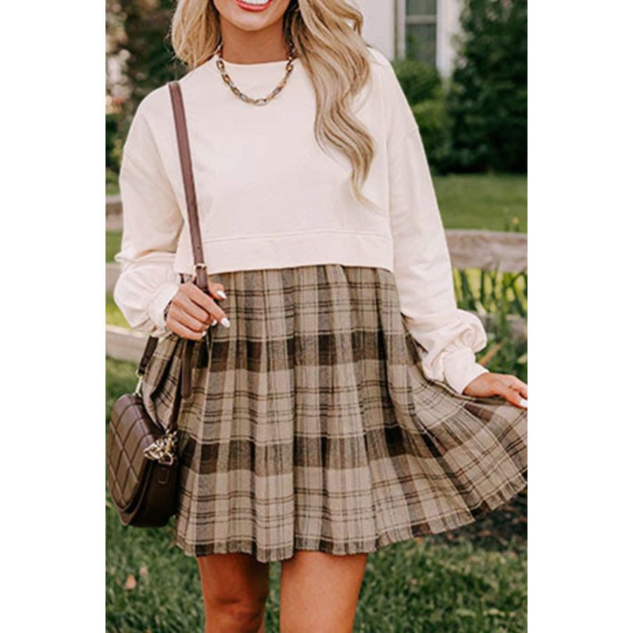 Plaid Round Neck Long Sleeve Mini Dress Beige / S Apparel and Accessories