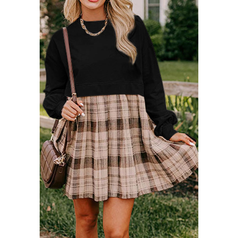 Plaid Round Neck Long Sleeve Mini Dress Black / S Apparel and Accessories