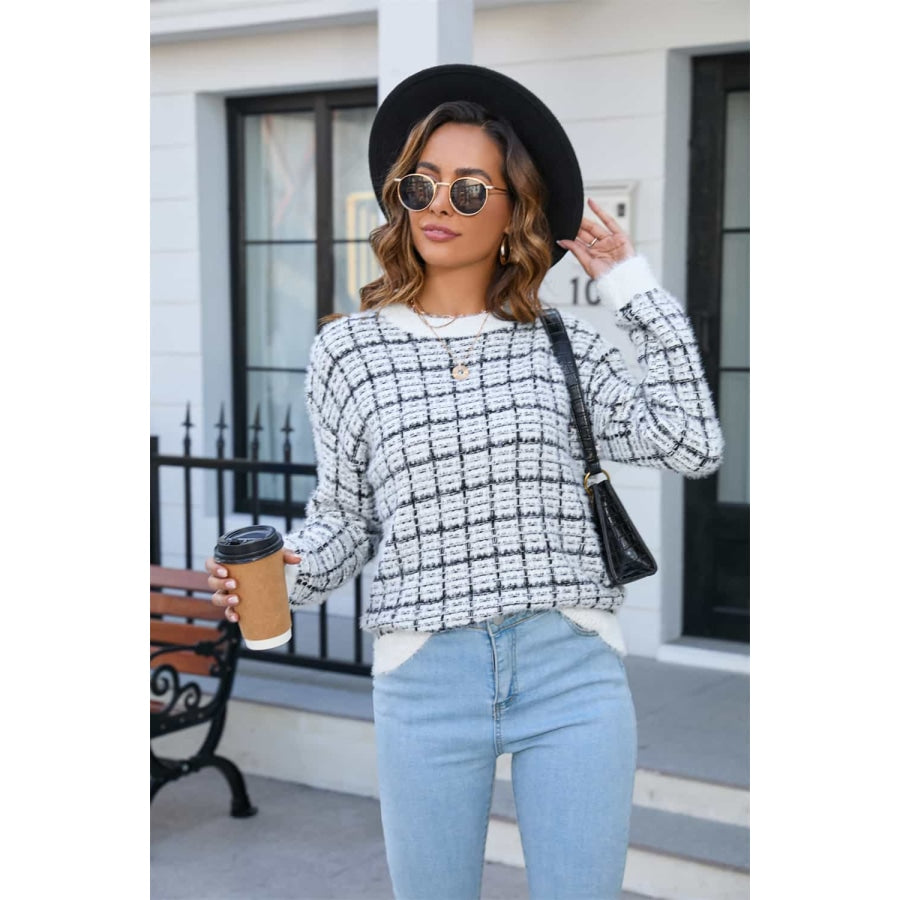 Plaid Round Neck Long Sleeve Pullover Sweater Black / S