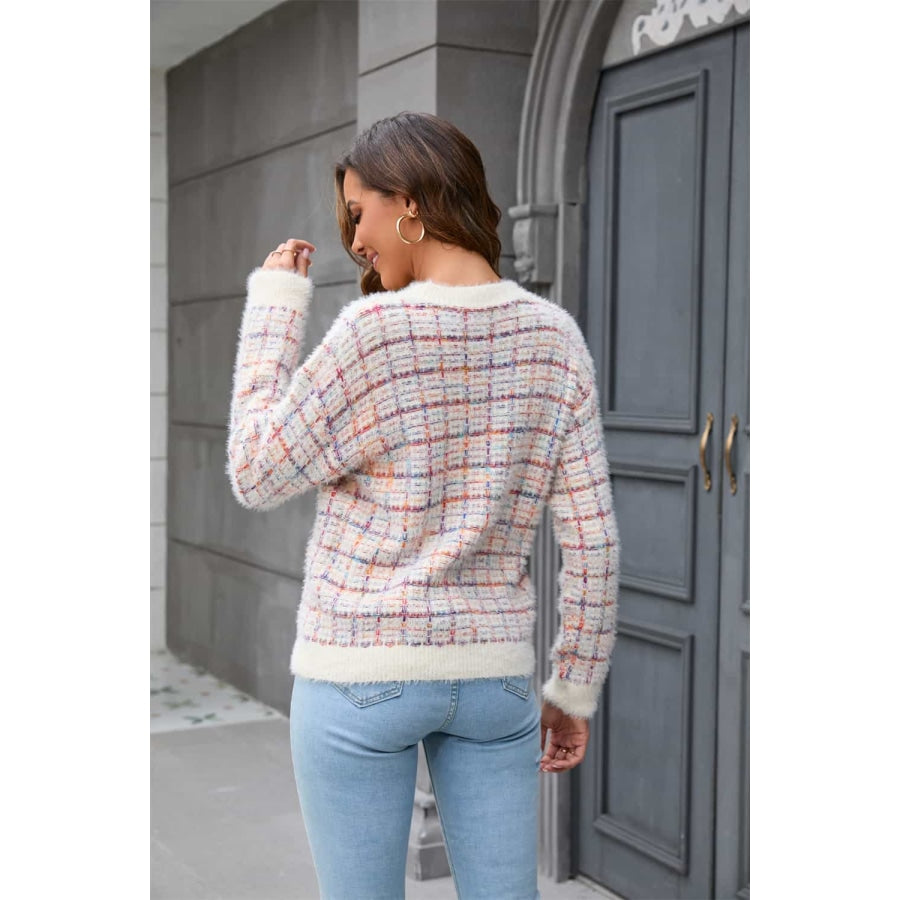 Plaid Round Neck Long Sleeve Pullover Sweater