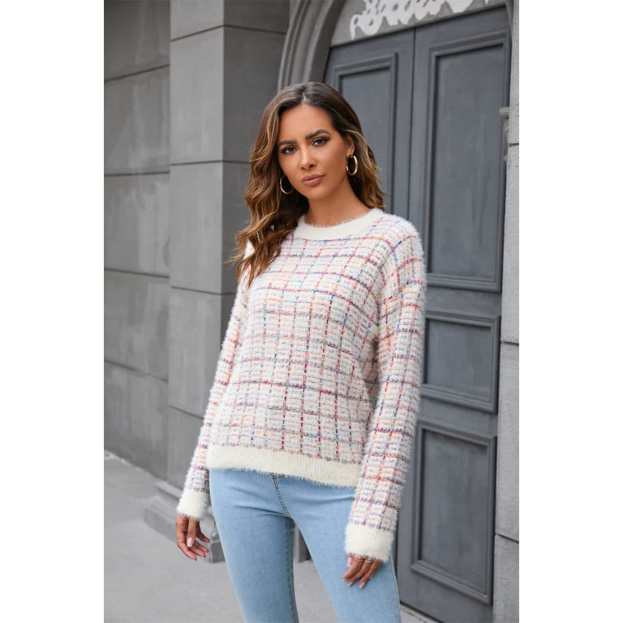 Plaid Round Neck Long Sleeve Pullover Sweater