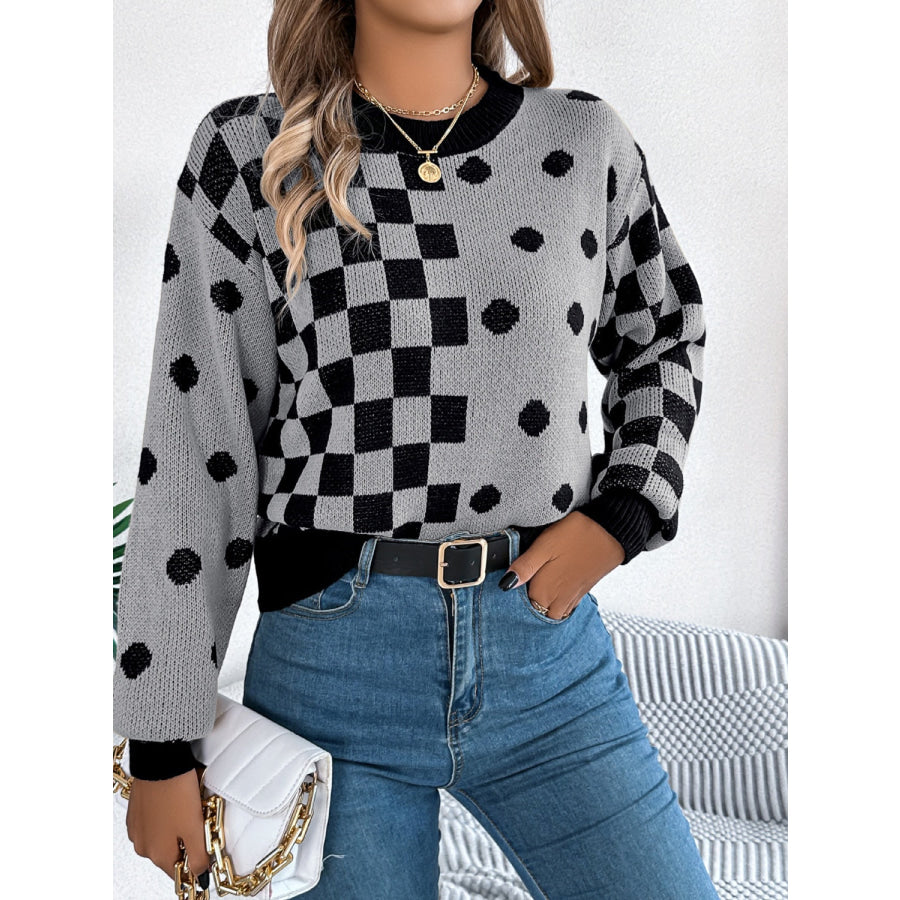 Plaid Round Neck Long Sleeve Sweater Apparel and Accessories