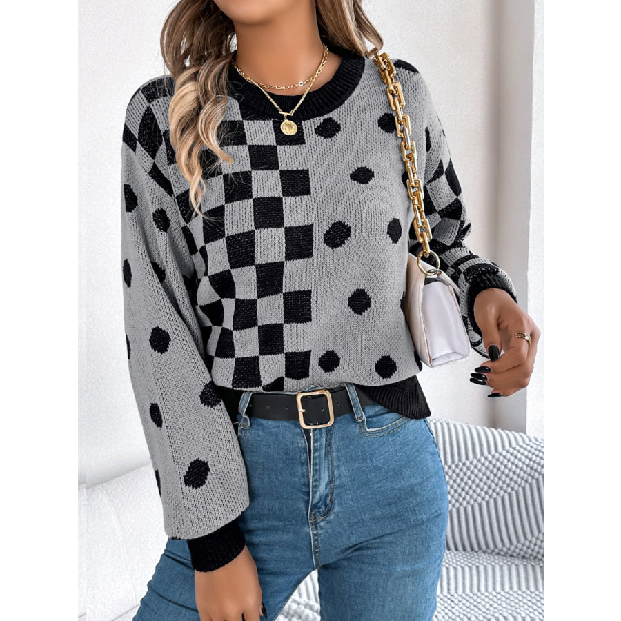 Plaid Round Neck Long Sleeve Sweater Apparel and Accessories