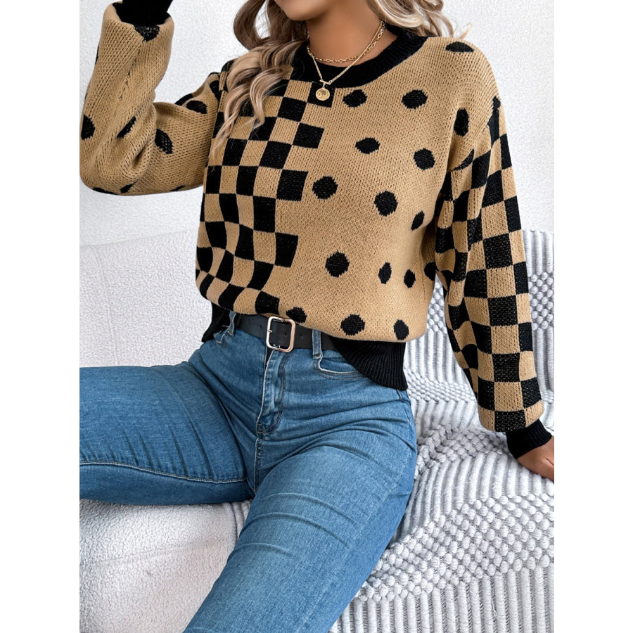 Plaid Round Neck Long Sleeve Sweater Apparel and Accessories