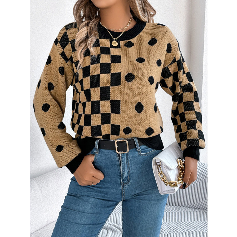 Plaid Round Neck Long Sleeve Sweater Apparel and Accessories