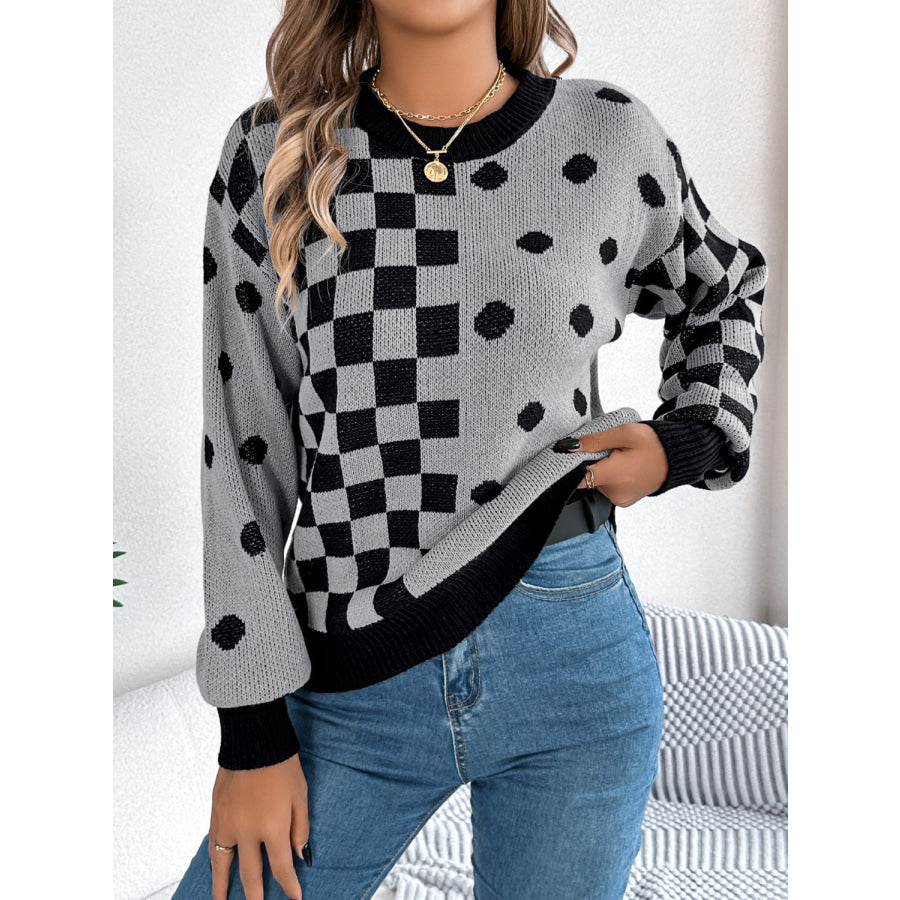 Plaid Round Neck Long Sleeve Sweater Apparel and Accessories