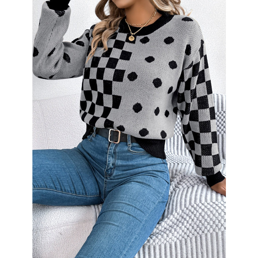 Plaid Round Neck Long Sleeve Sweater Apparel and Accessories