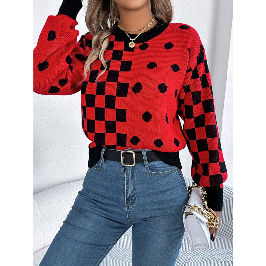 Plaid Round Neck Long Sleeve Sweater Apparel and Accessories